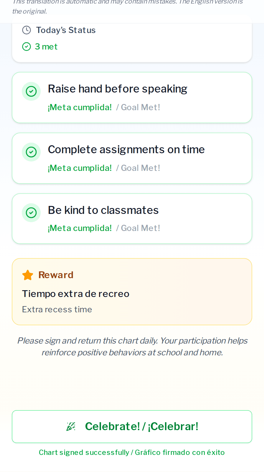 The Evident family portal on a phone with bilingual goal cards in plain language