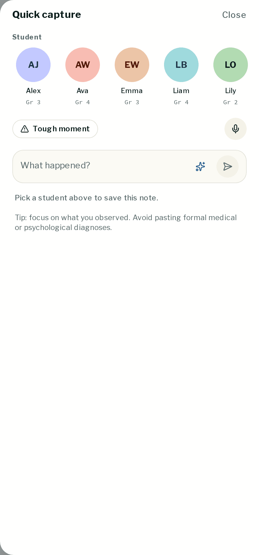Evident quick capture: student chips, a note type, and a what-happened field