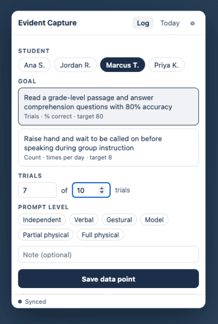 The Evident Capture popup: student chips, goal cards, a trials field, and prompt levels