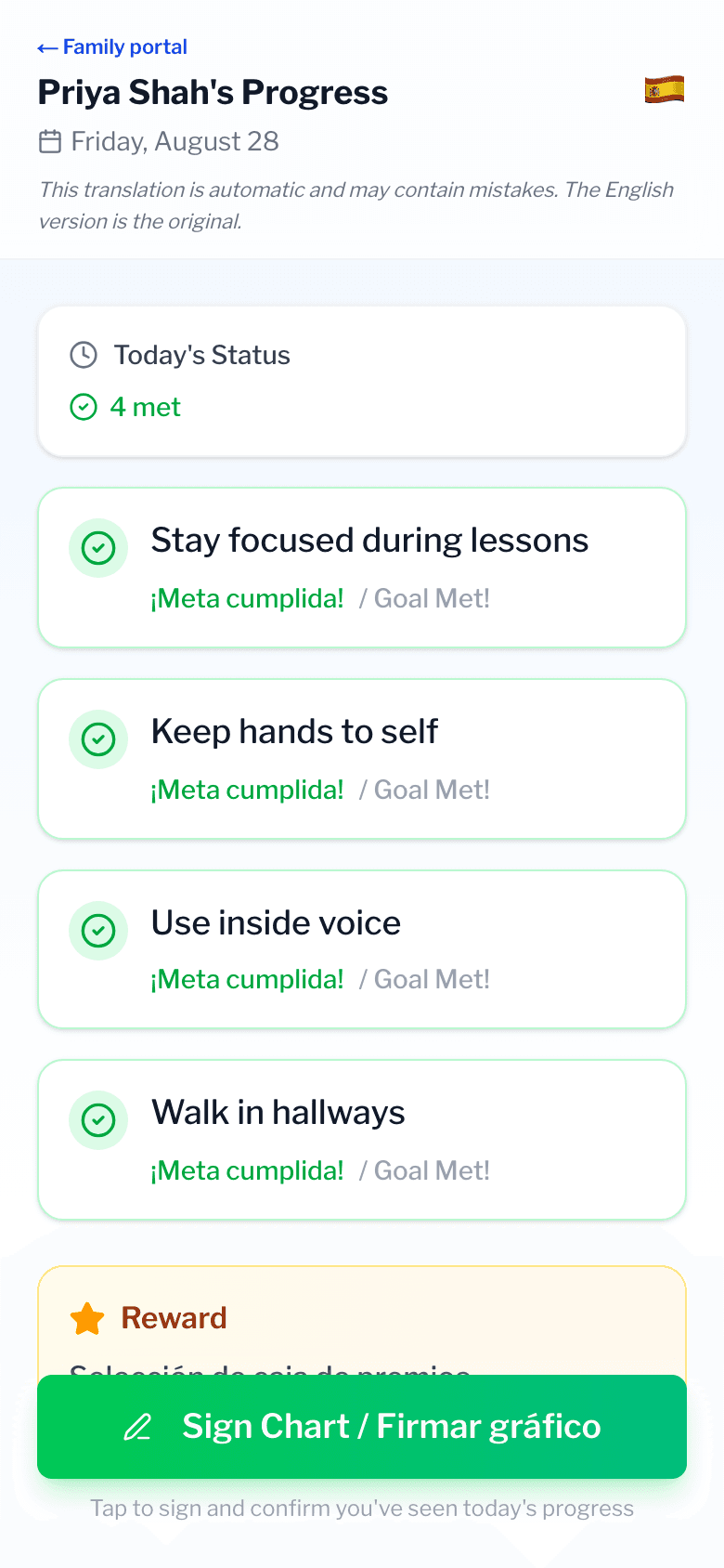 The Evident family portal on a phone: a student's goals for the day with the reward and the sign button in Spanish and English