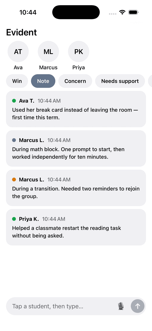 Evident iPhone app: a class roster of tappable student bubbles, status chips, and today's logged notes
