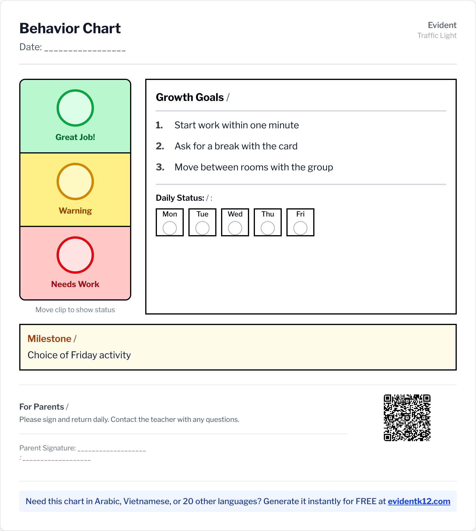 A traffic-light behavior chart printed from Evident: the green, yellow, and red status column beside three goals and a Monday-to-Friday daily status row