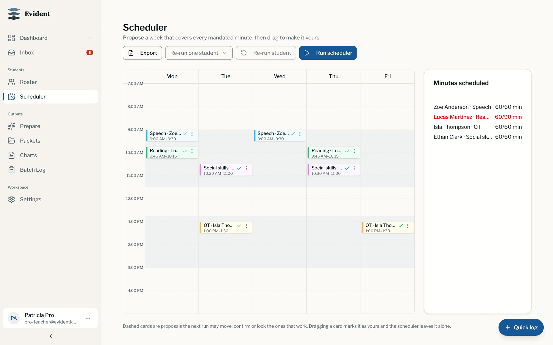 The Evident scheduler: a Monday-to-Friday week of speech, reading, OT, and social skills sessions beside a minutes-scheduled tally, with one student's reading minutes flagged red at 60 of 90