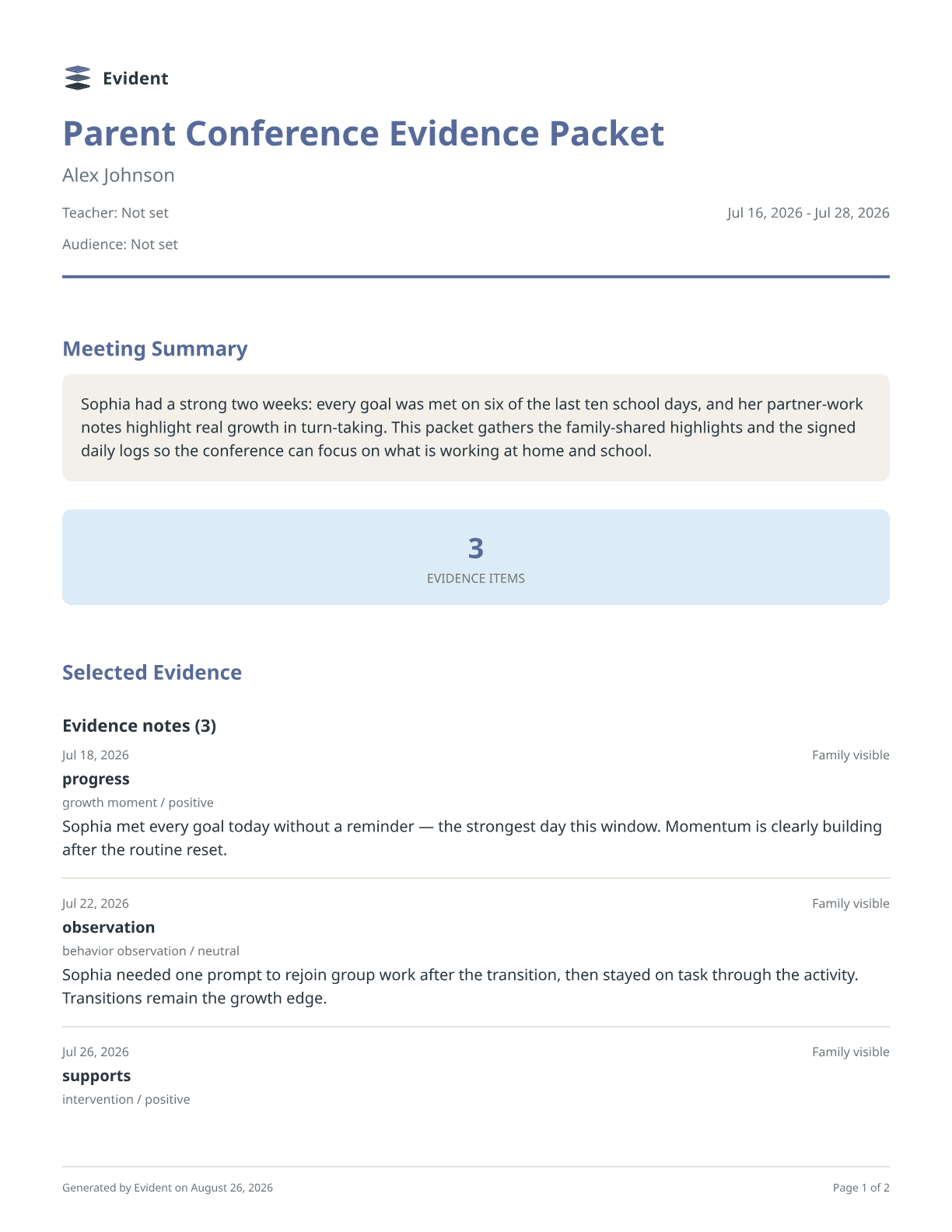 A sample Evident evidence packet assembled from illustrative student notes